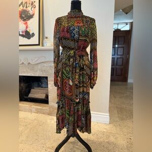 Farm Rio Rauti Tiered Midi Dress Ethnic Patchwork Pattern SMALL